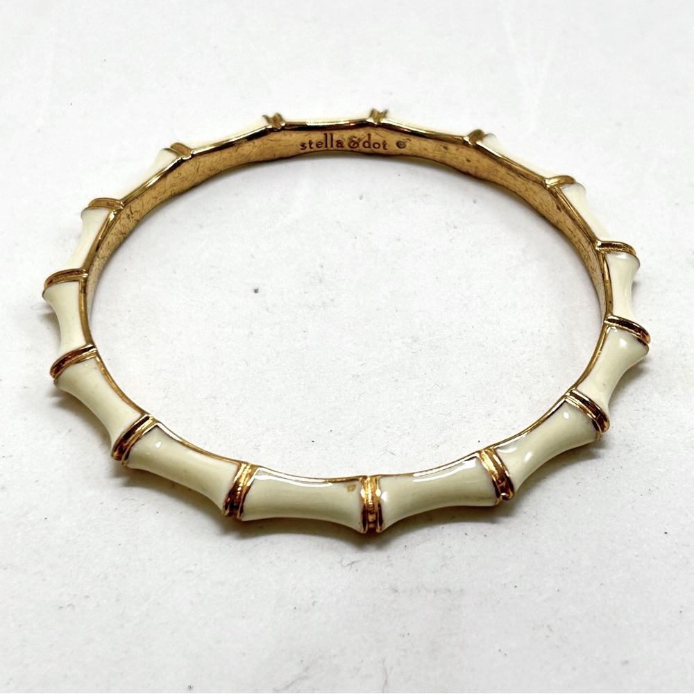 Stella & Dot, Gold And White Enamel Bamboo Design Bangle Bracelet - Picture 5 of 6